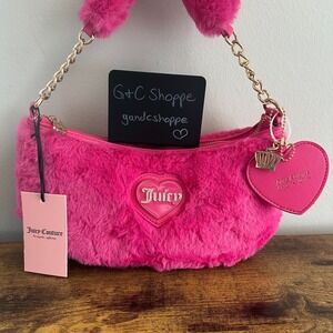 New Juicy Couture Warm Up Hot Pink Fluffy Faux Fur Shoulder Handbag Gold Charm